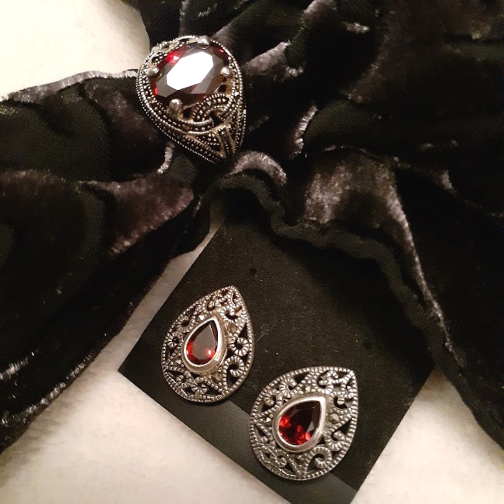 Set of Sterling & Garnet Ring + Earrings